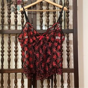 Vintage 80s Red & Black Floral Lace Sheer Corset Top Garters Lingerie Plus Size